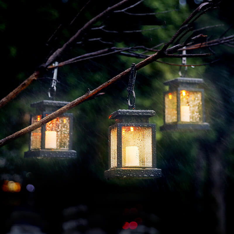 Solar Hanging Lantern With Glass Panels And LED Candle For Outdoor Decor Lighting On Patios And Gardens
