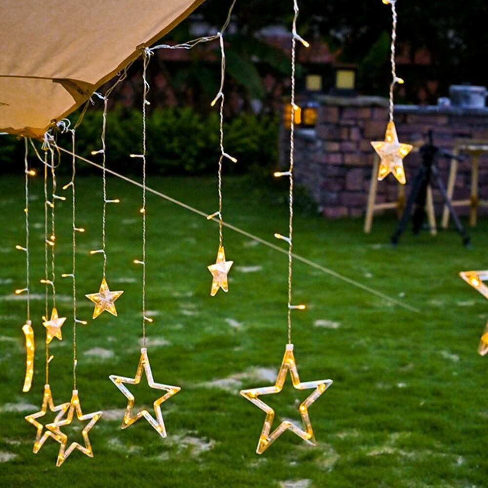 Solar String Lights With Star And Moon Hanging Shapes For Outdoor Decor