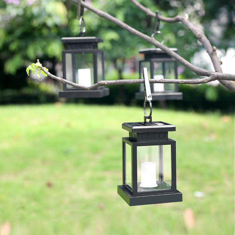 Solar Hanging Lantern With Glass Panels And LED Candle For Outdoor Decor Lighting On Patios And Gardens