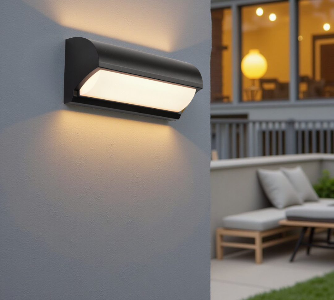 Black Outdoor Wall Light With Rectangular LED Panel For Exterior Wall Lighting Applications
