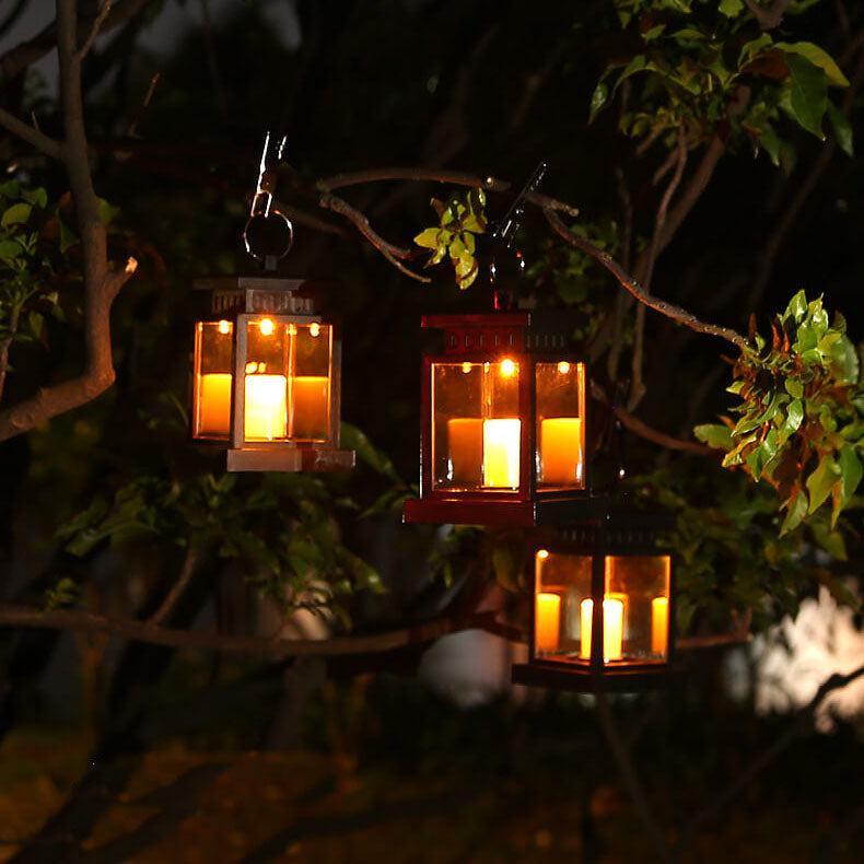 Solar Hanging Lantern With Glass Panels And LED Candle For Outdoor Decor Lighting On Patios And Gardens