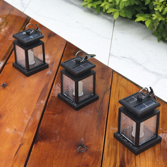 Solar Hanging Lantern With Glass Panels And LED Candle For Outdoor Decor Lighting On Patios And Gardens