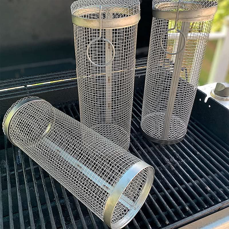 Rozsdamentes acél hengeres barbecue grillkosár zöldségekhez és húsokhoz otthoni vagy útközbeni szabadtéri grillezéshez
