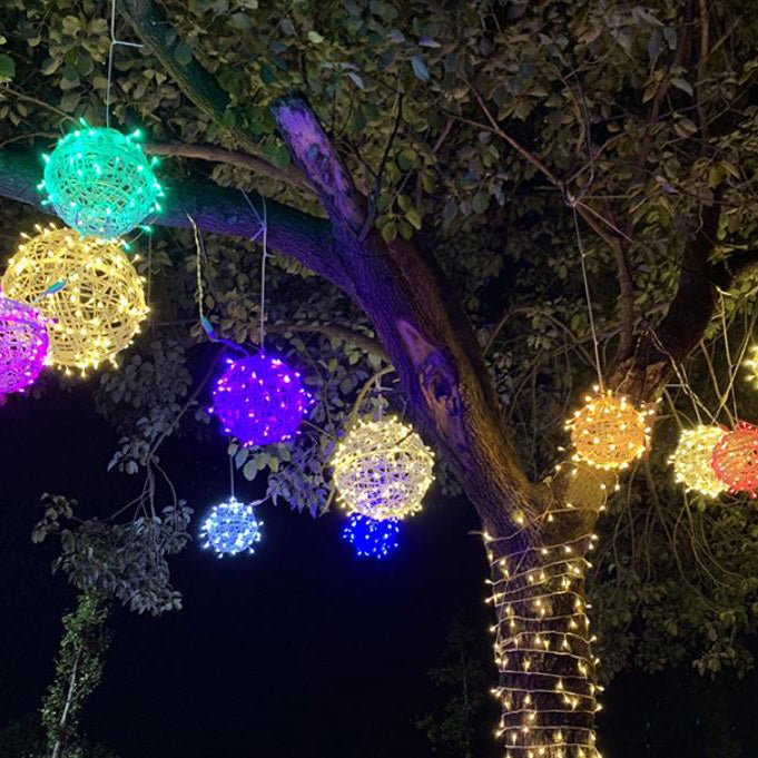 Hanging LED Sphere Lights With Metal Wire Ball Pattern For Outdoor Decor And Patio Ambience