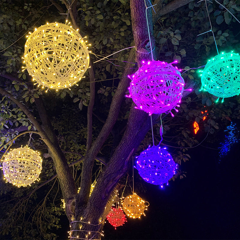 Hanging LED Sphere Lights With Metal Wire Ball Pattern For Outdoor Decor And Patio Ambience