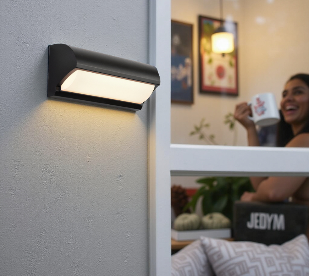 Black Outdoor Wall Light With Rectangular LED Panel For Exterior Wall Lighting Applications