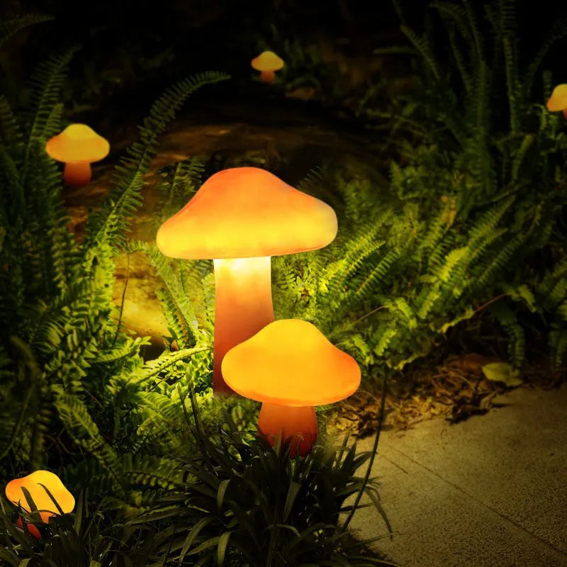 Svampformad LED-trädgårdslampa i orange harts för utomhusmiljöer, uteplatser, trädgårdar och gångvägar