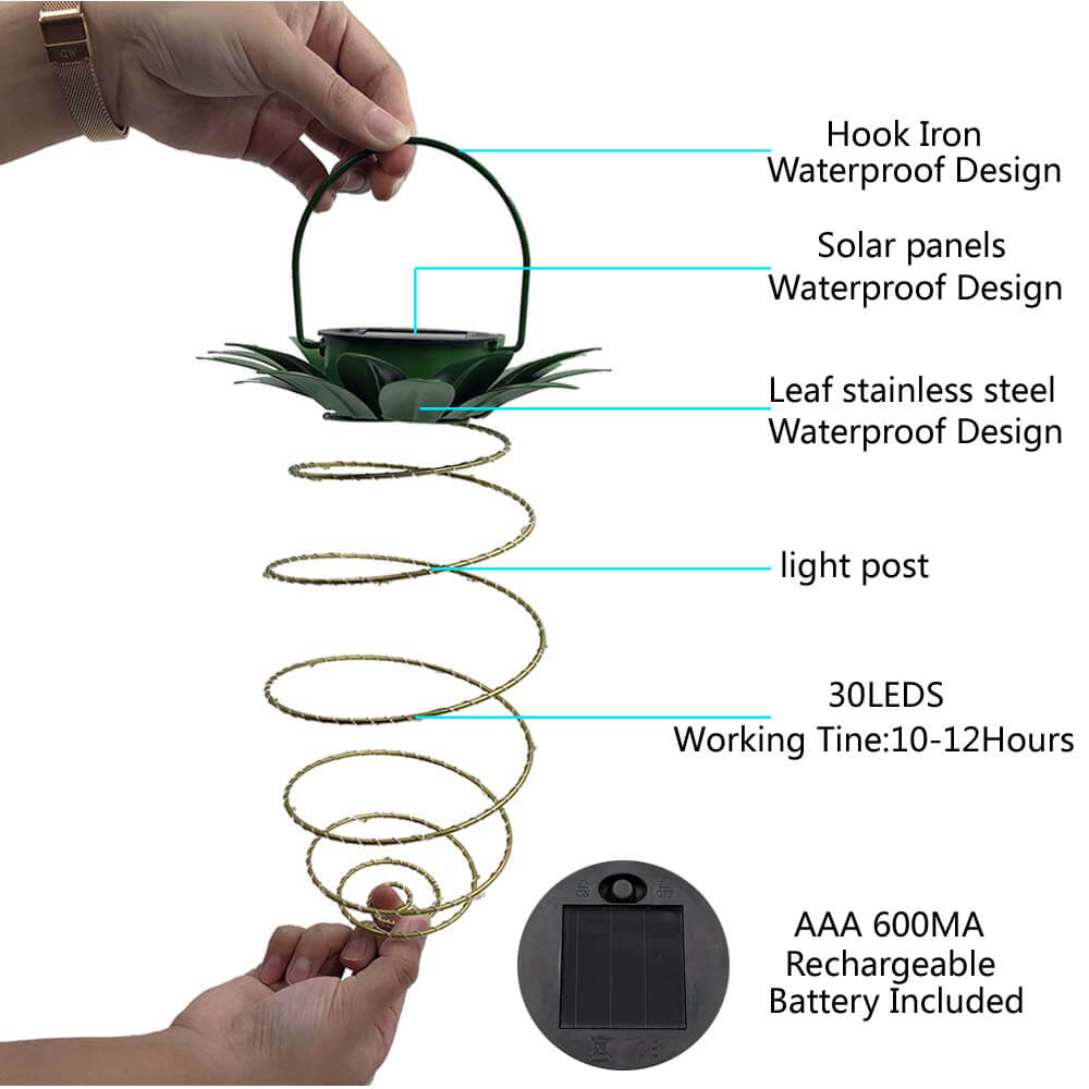 Solcellsdriven hängande ananaslykta med spiralformade LED-ljusslingor för utomhus trädgårdar och uteplatser