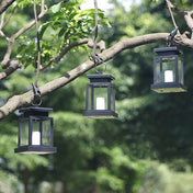 Solar Hanging Lantern With Glass Panels And LED Candle For Outdoor Decor Lighting On Patios And Gardens