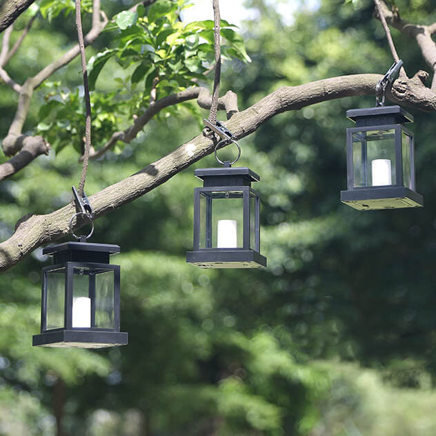 Solar Hanging Lantern With Glass Panels And LED Candle For Outdoor Decor Lighting On Patios And Gardens