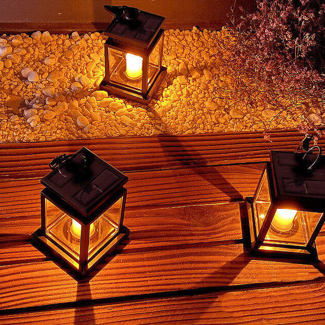 Solar Hanging Lantern With Glass Panels And LED Candle For Outdoor Decor Lighting On Patios And Gardens