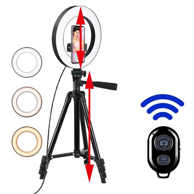 LED Selfie Ringlys til Telefoner med Bluetooth Fjernbetjening, Tripod Holder og Telefonholder, Vigtig Tilbehør