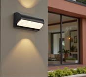 Black Outdoor Wall Light With Rectangular LED Panel For Exterior Wall Lighting Applications