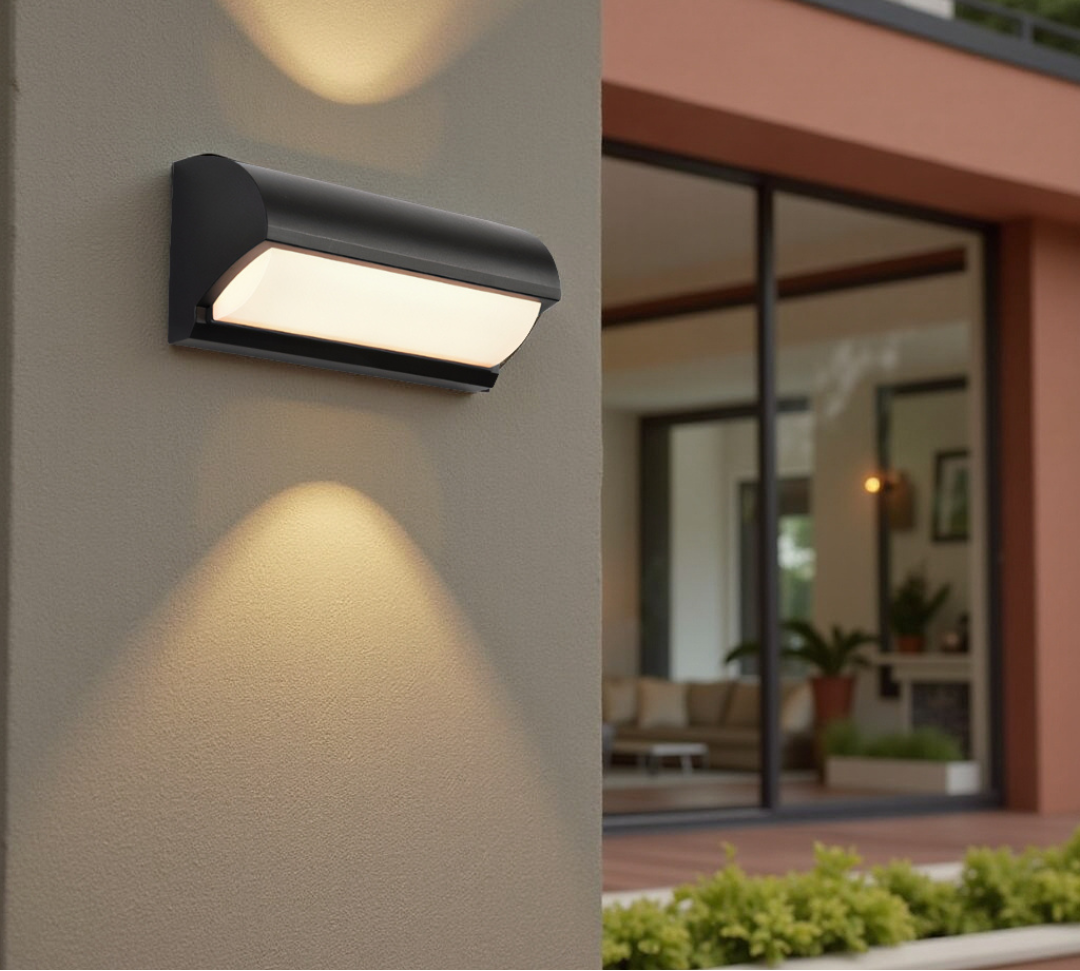 Black Outdoor Wall Light With Rectangular LED Panel For Exterior Wall Lighting Applications
