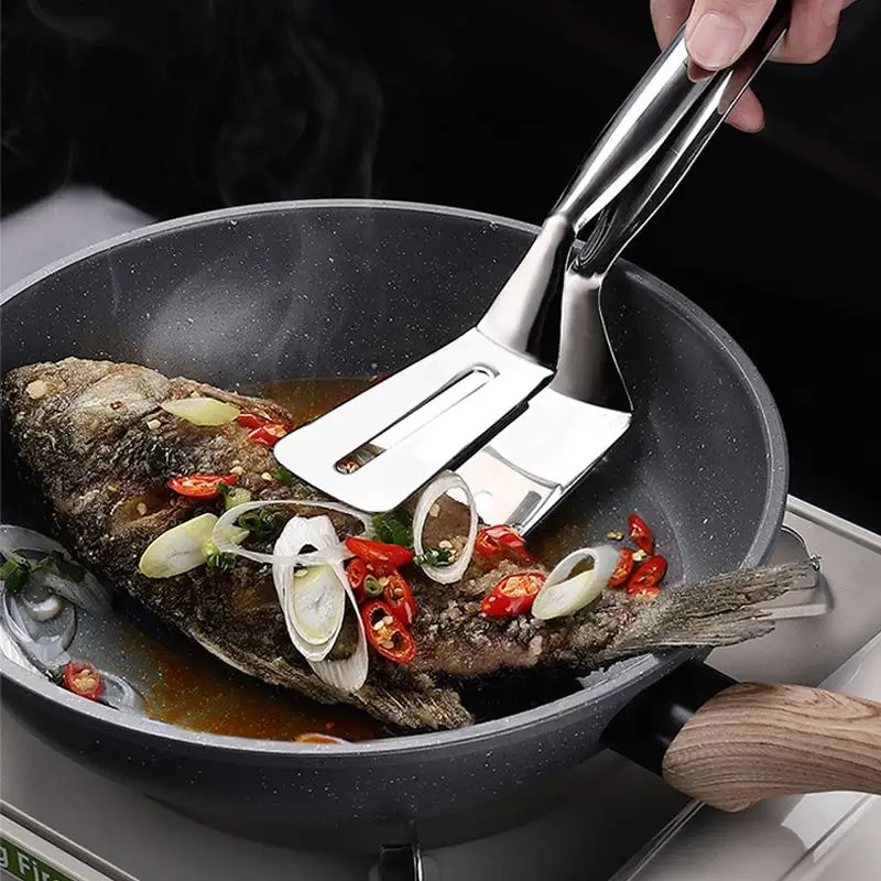 Pince spatule double face en acier inoxydable pour retourner, ramasser et cuisiner en cuisine