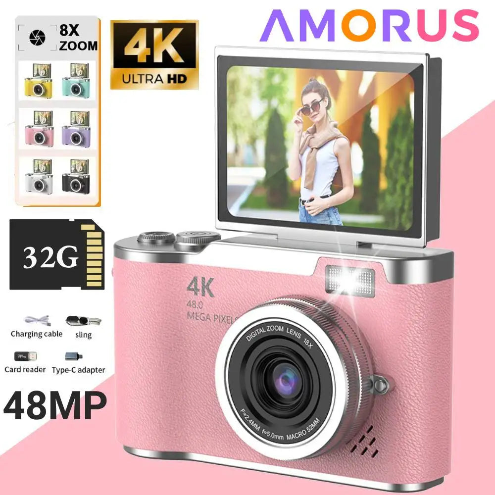 4K Digital Camera Beauty Filters 48MP HD Student CCD Camera CMOS Anti Shake 180° Flip Screen Selfie Camera for Kids Adults Gift 0