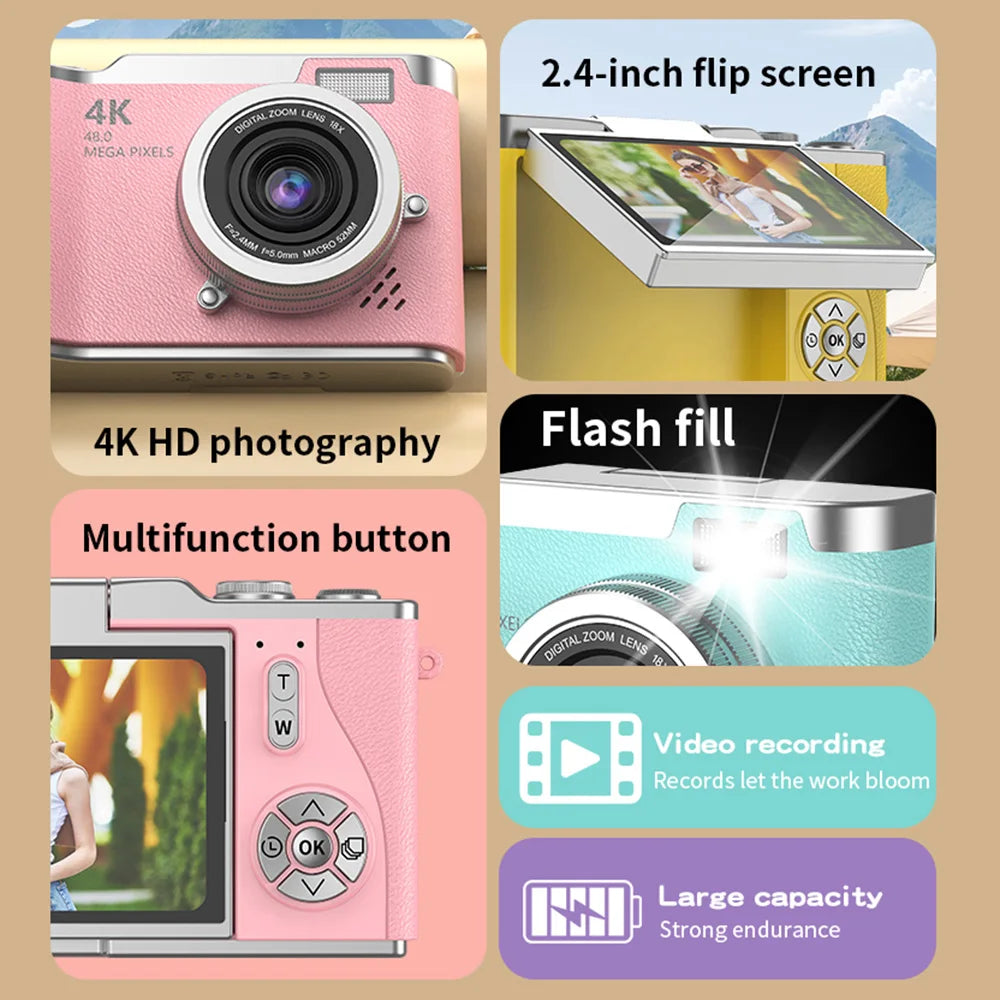 4K Digital Camera Beauty Filters 48MP HD Student CCD Camera CMOS Anti Shake 180° Flip Screen Selfie Camera for Kids Adults Gift 2