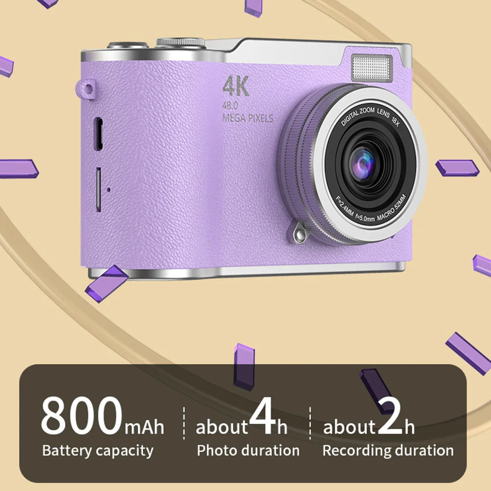 4K Digital Camera Beauty Filters 48MP HD Student CCD Camera CMOS Anti Shake 180° Flip Screen Selfie Camera for Kids Adults Gift 3