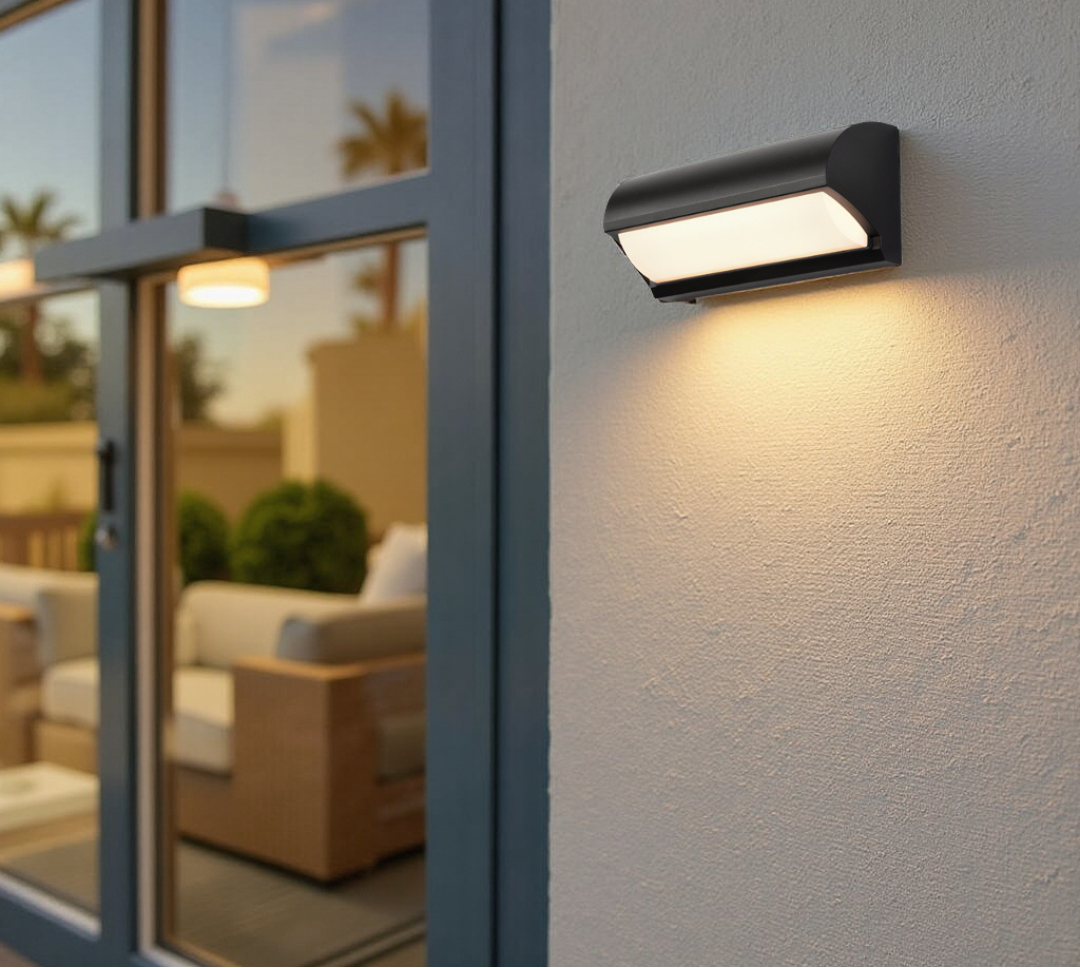 Black Outdoor Wall Light With Rectangular LED Panel For Exterior Wall Lighting Applications