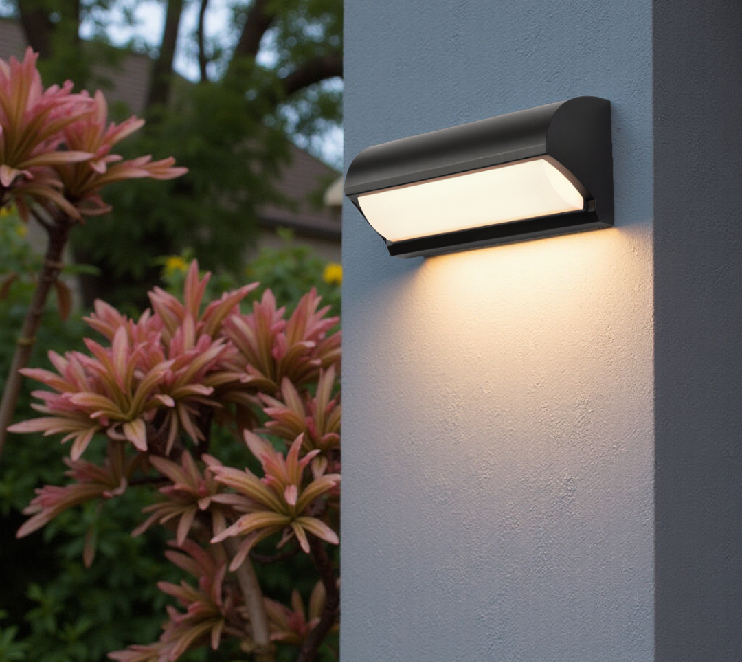Black Outdoor Wall Light With Rectangular LED Panel For Exterior Wall Lighting Applications