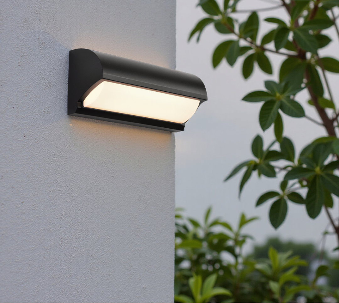 Black Outdoor Wall Light With Rectangular LED Panel For Exterior Wall Lighting Applications