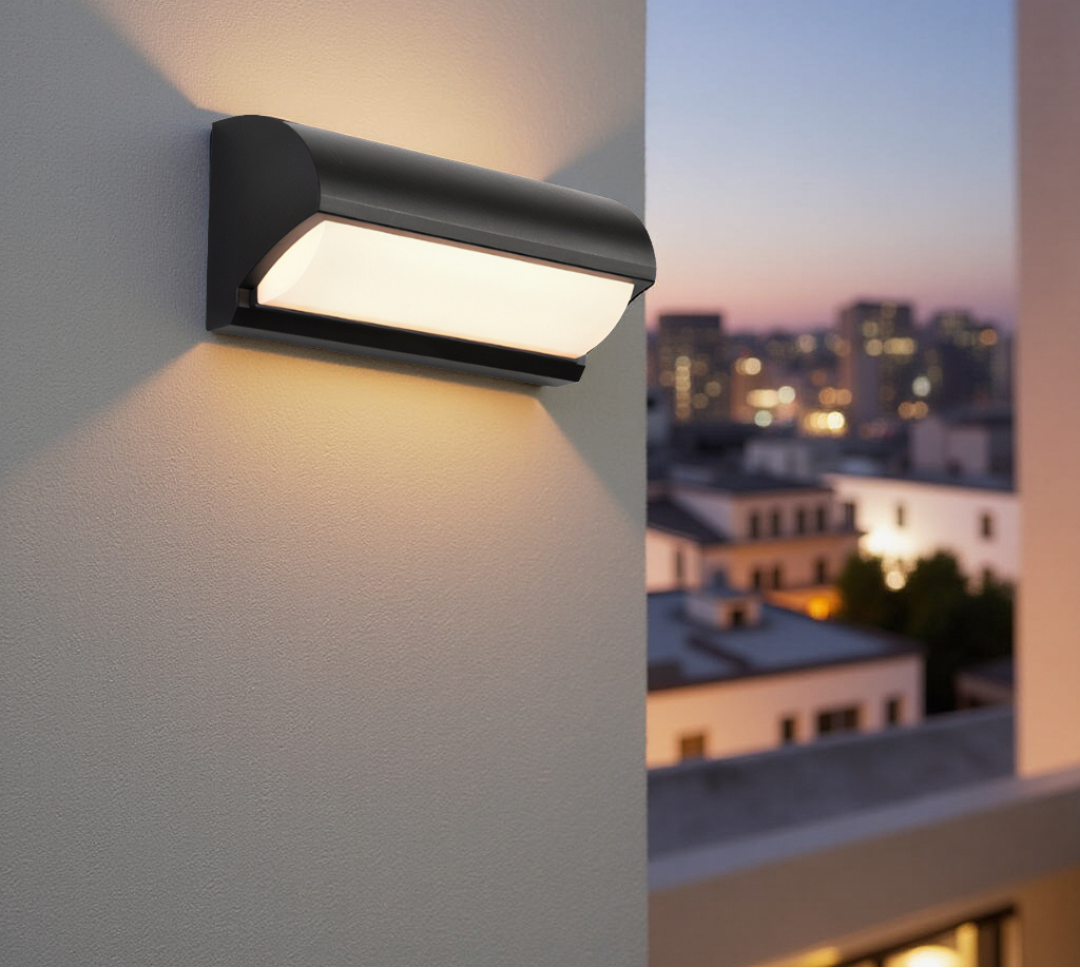 Black Outdoor Wall Light With Rectangular LED Panel For Exterior Wall Lighting Applications
