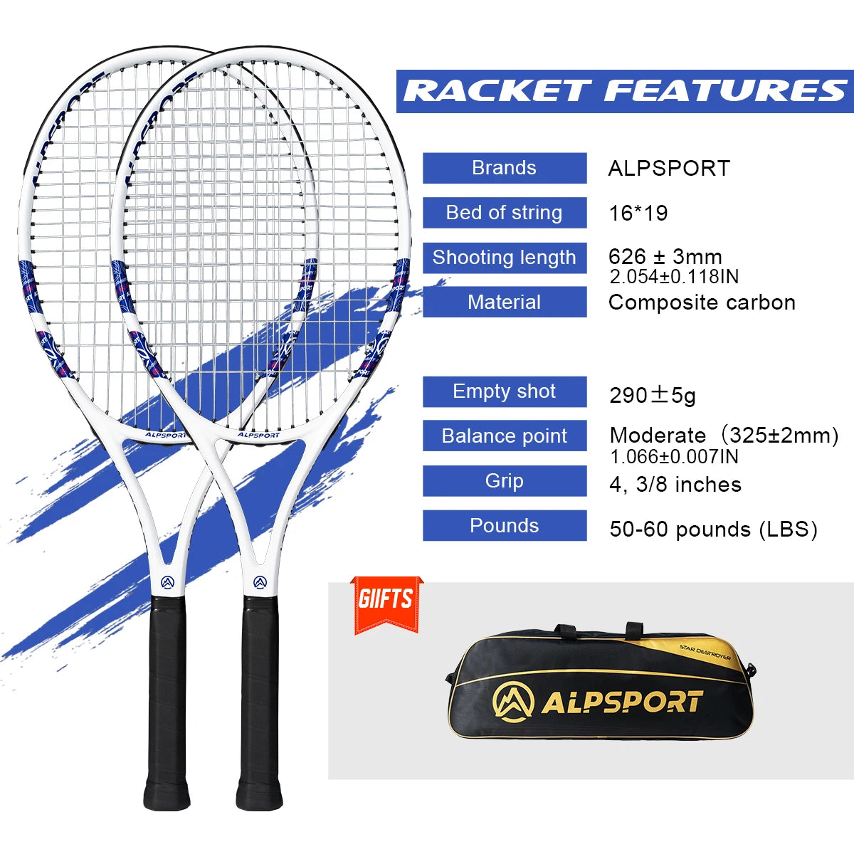 ALPSPORT Carbon Fiber Tennis Racket T800 18K-Professional Grade with Bag&Strap Lightweight Training Racquet for Adults Men&Women 0