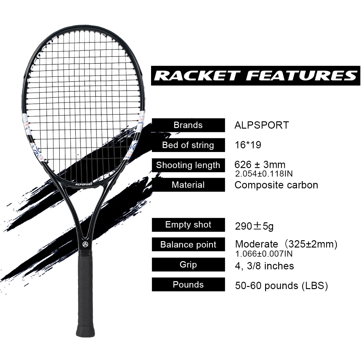 ALPSPORT Carbon Fiber Tennis Racket T800 18K-Professional Grade with Bag&Strap Lightweight Training Racquet for Adults Men&Women 10