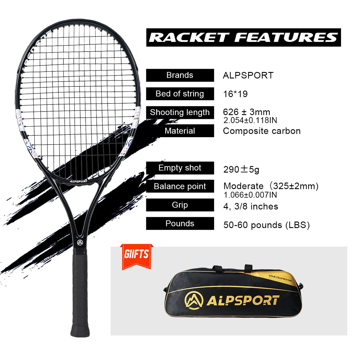 ALPSPORT Carbon Fiber Tennis Racket T800 18K-Professional Grade with Bag&Strap Lightweight Training Racquet for Adults Men&Women 8