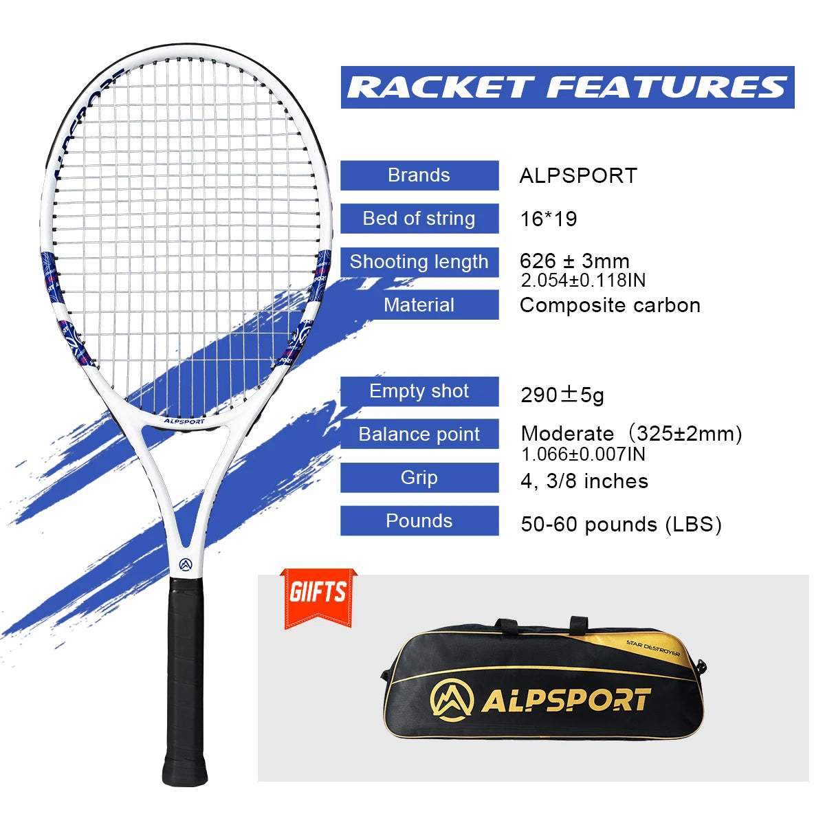 ALPSPORT Carbon Fiber Tennis Racket T800 18K-Professional Grade with Bag&Strap Lightweight Training Racquet for Adults Men&Women 9