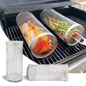 Rozsdamentes acél hengeres barbecue grillkosár zöldségekhez és húsokhoz otthoni vagy útközbeni szabadtéri grillezéshez