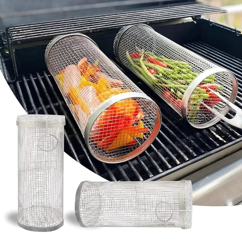 Rozsdamentes acél hengeres barbecue grillkosár zöldségekhez és húsokhoz otthoni vagy útközbeni szabadtéri grillezéshez