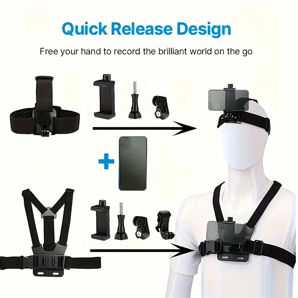 All-in-One Action Camera Accessories Kit Head Strap Chest Strap Mount Adjustable for GoPro Hero Phone Osmo SJCAM AKASO insta360 1