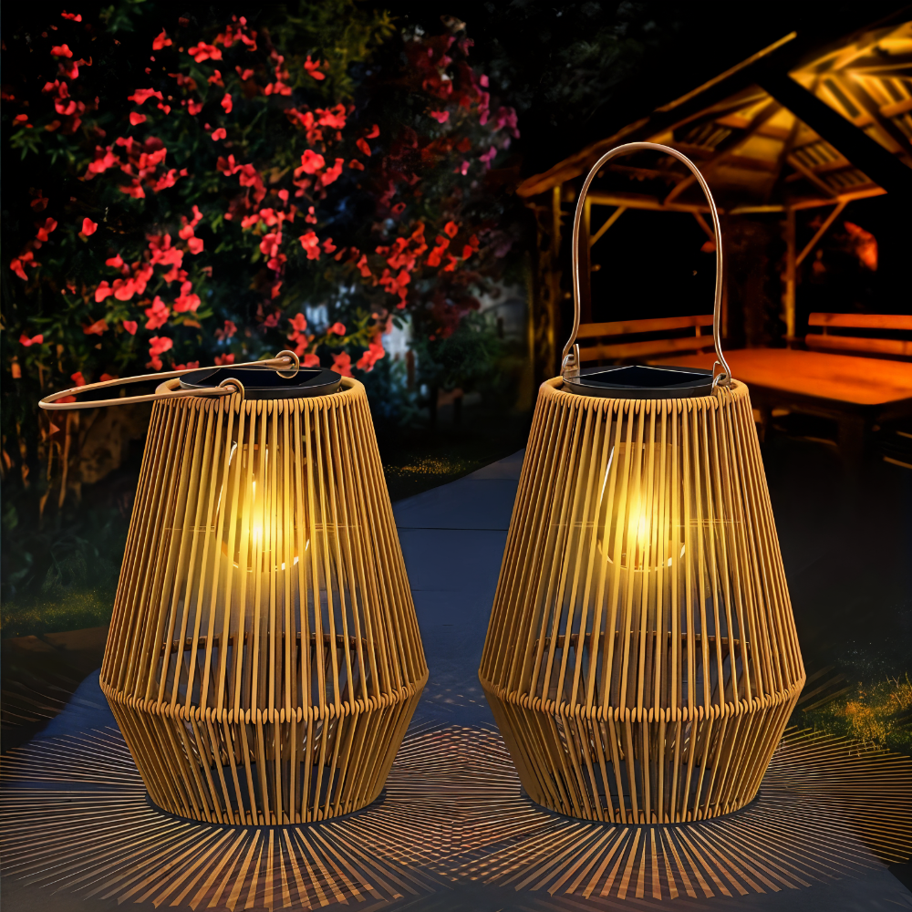 Solar LED Garden Lantern With A Woven Frame And Integrated Light For Outdoor Use And Patio Decor