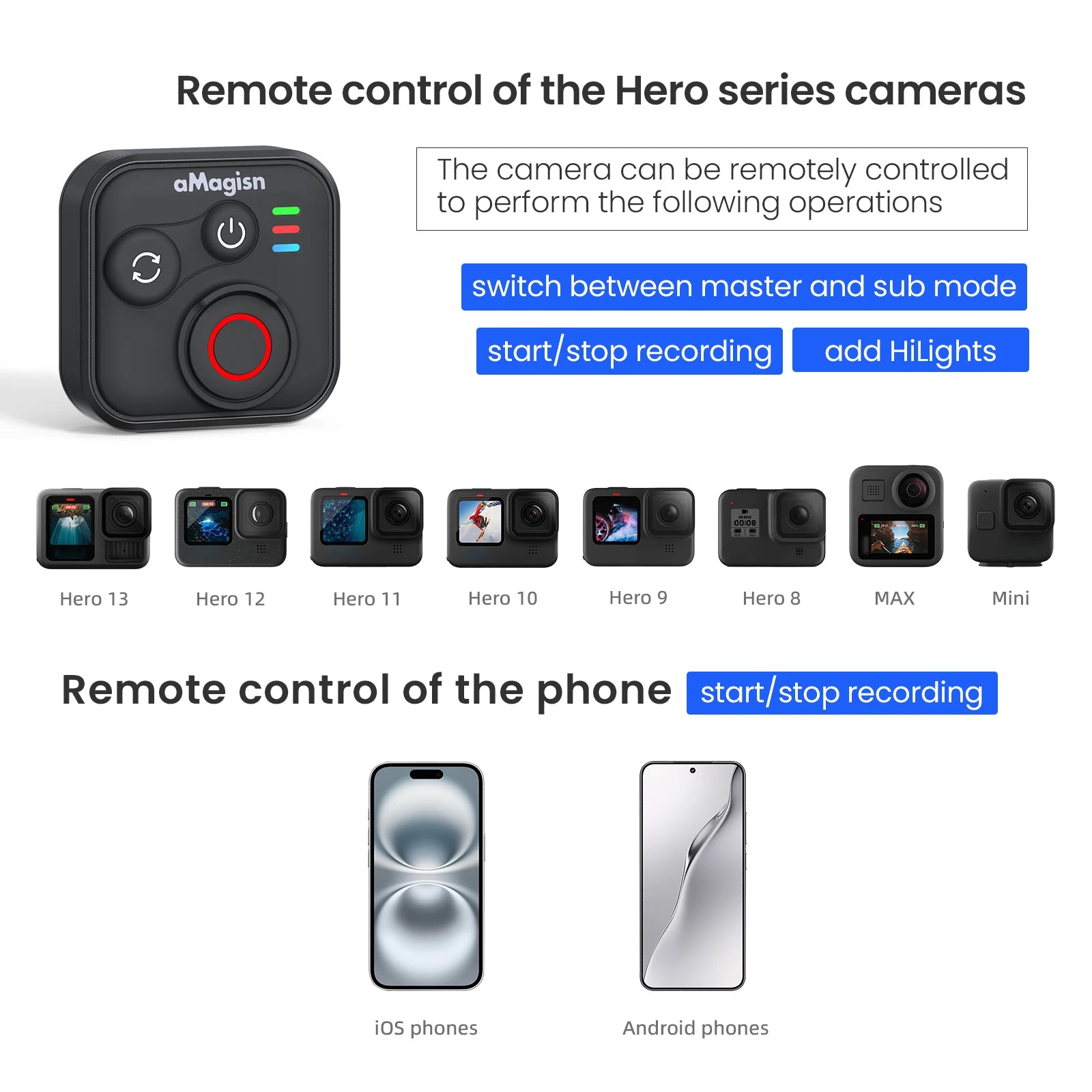 Bluetooth Wireless Remote Control For Insta360 X5/X4/Ace Pro 2 For GoPro Hero 13/12/10 With Wrist Strap Sport Camera Accessories 3