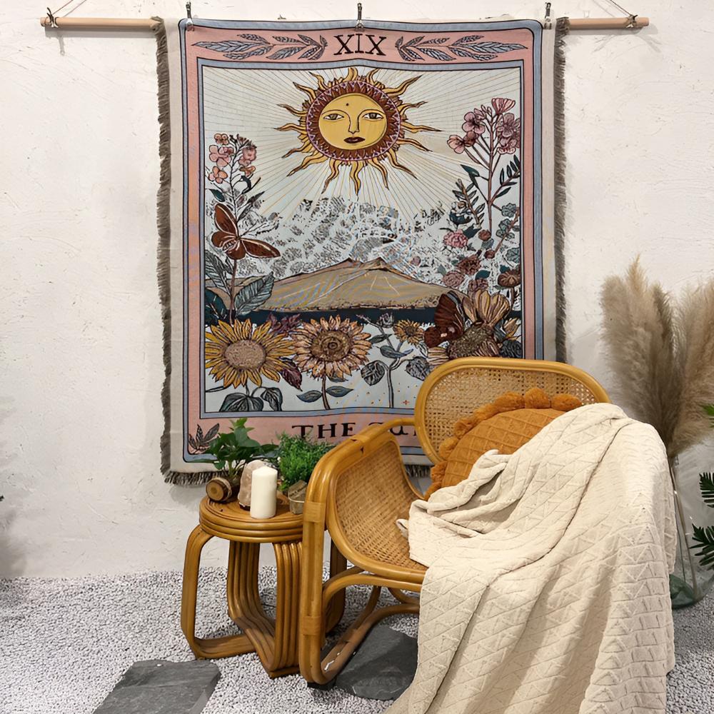 Couverture Tapisserie Tissée SolsticeWeave Motif Carte de Tarot Soleil Collection Motif Carte de Tarot Soleil