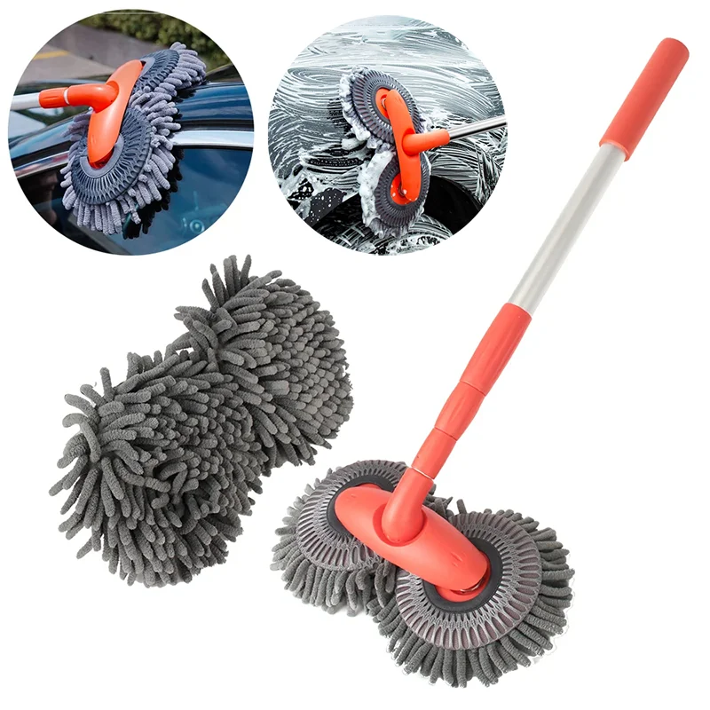 Car Washer Mop Foam Wash Brush Double Brush Head Roof Window Cleaning Maintenance Three-Section Telescopic Mop Car Accessories 0