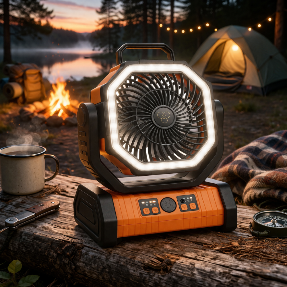 充電式キャンプファン LEDライト＆内蔵モバイルバッテリー付き 3-in-1 コンパクト エバークレスト アウトドア