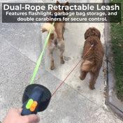 Dual Retractable Dog Leash with Flashlight & Waste Bag Holder 2