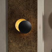 Solar Eclipse Inspired Wall Lamp With Warm Led Light And Two Golden Discs, One Fixed And One Rotatable