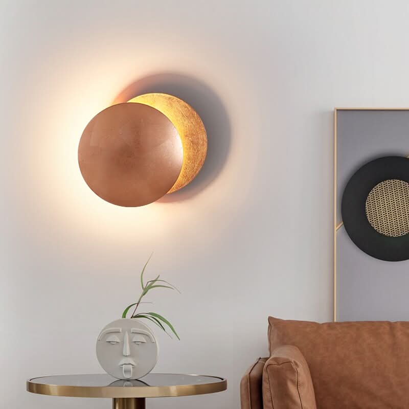 Solar Eclipse Inspired Wall Lamp With Warm Led Light And Two Golden Discs, One Fixed And One Rotatable