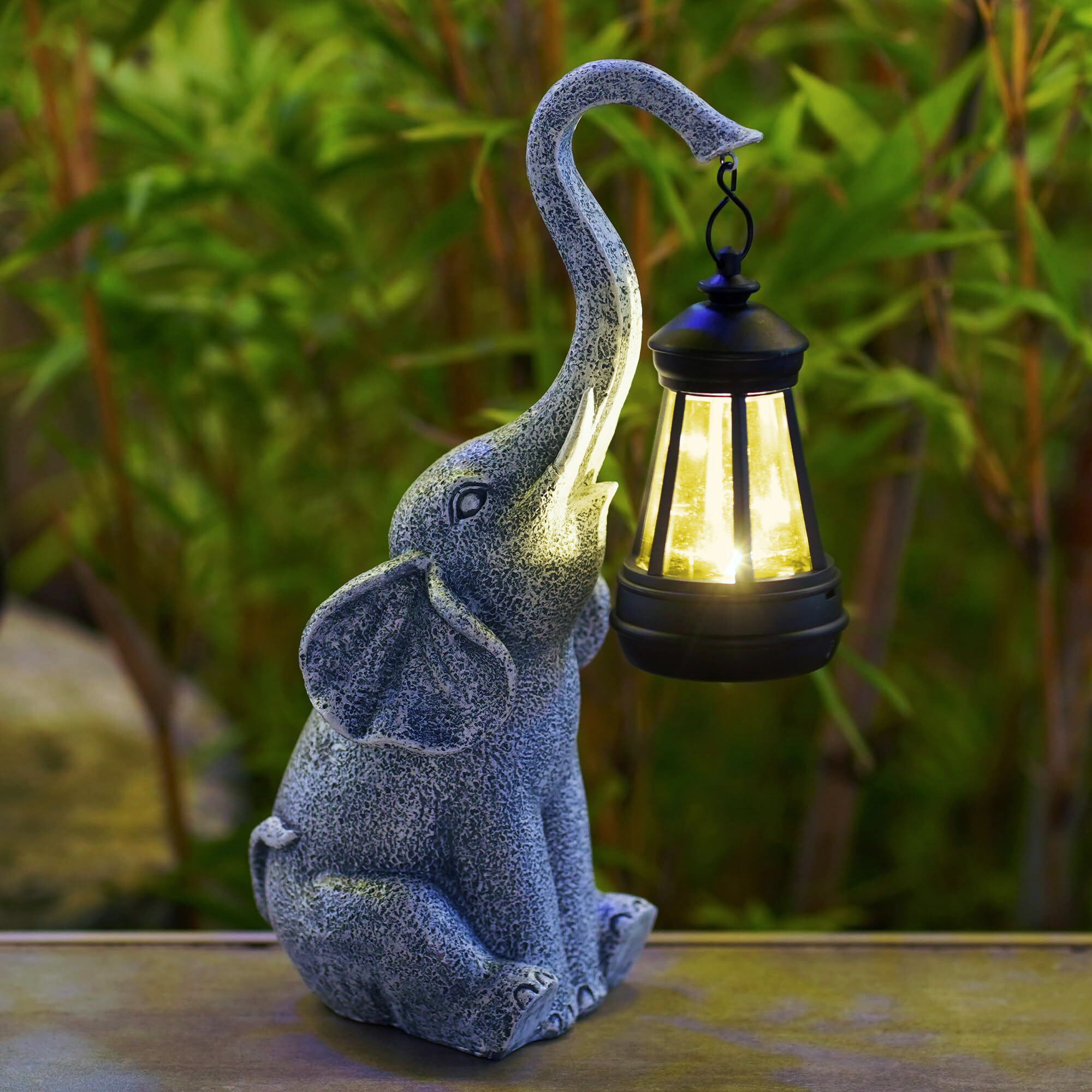 Grey Stone Effect Elephant Solar Garden Lamp With Lantern For Outdoor Spaces And Decorative Patios