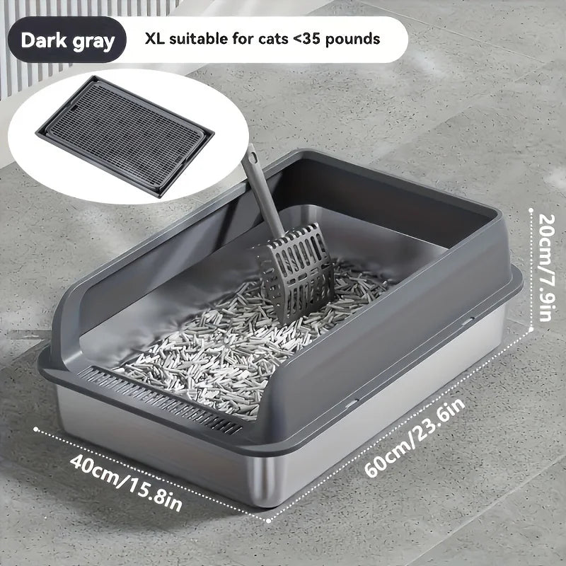 KEMORELA EXtra Large Stainless Steel Cat Litter Box with Lid - Enclosed LitterPan High-Sided Resistant Leak-Proof Cat Litter Mat 9