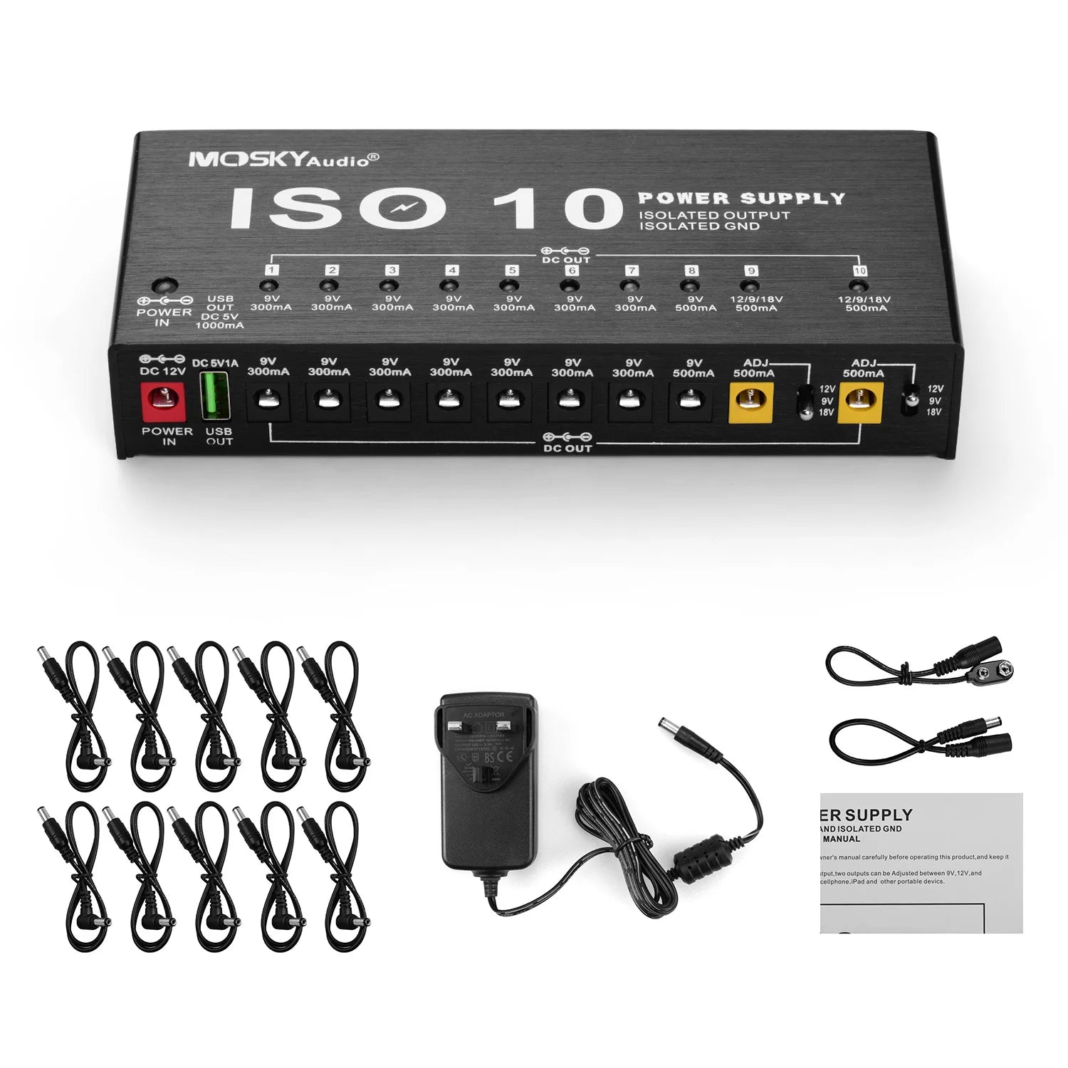 MOSKY ISO-10 Guitar Effect Pedal Power Supply 10 Isolated DC Outputs/ 5V USB Output for 9V 12V 18V Protection Guitar Accessories 6