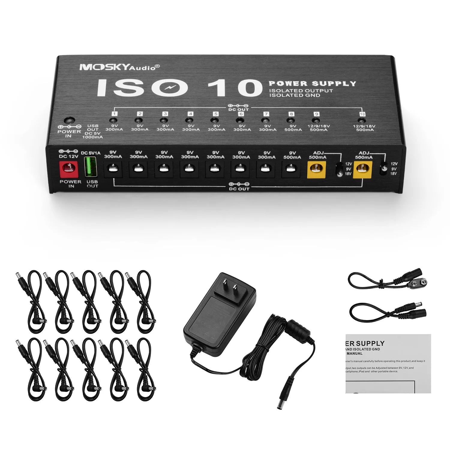 MOSKY ISO-10 Guitar Effect Pedal Power Supply 10 Isolated DC Outputs/ 5V USB Output for 9V 12V 18V Protection Guitar Accessories 8