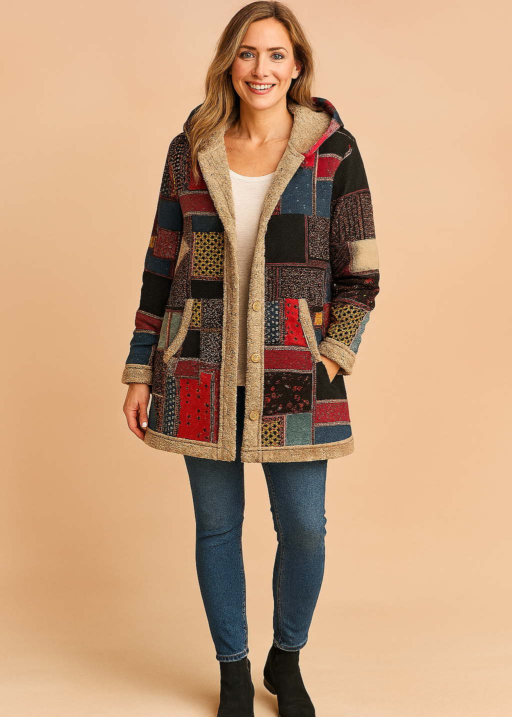 Milena | Women's Long Hooded Fleece Jacket with Patchwork Design 0