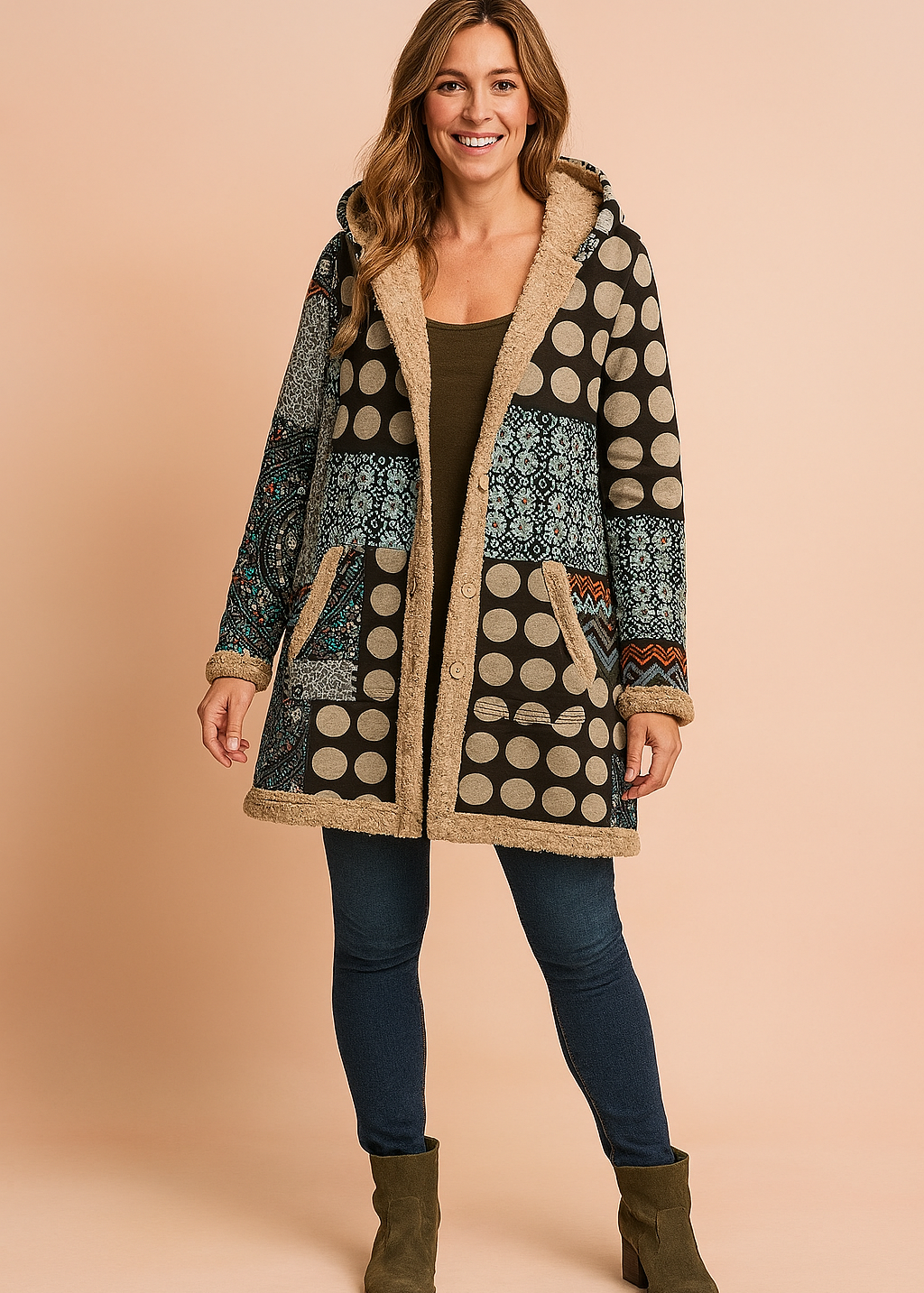 Milena | Women's Long Hooded Fleece Jacket with Patchwork Design 1