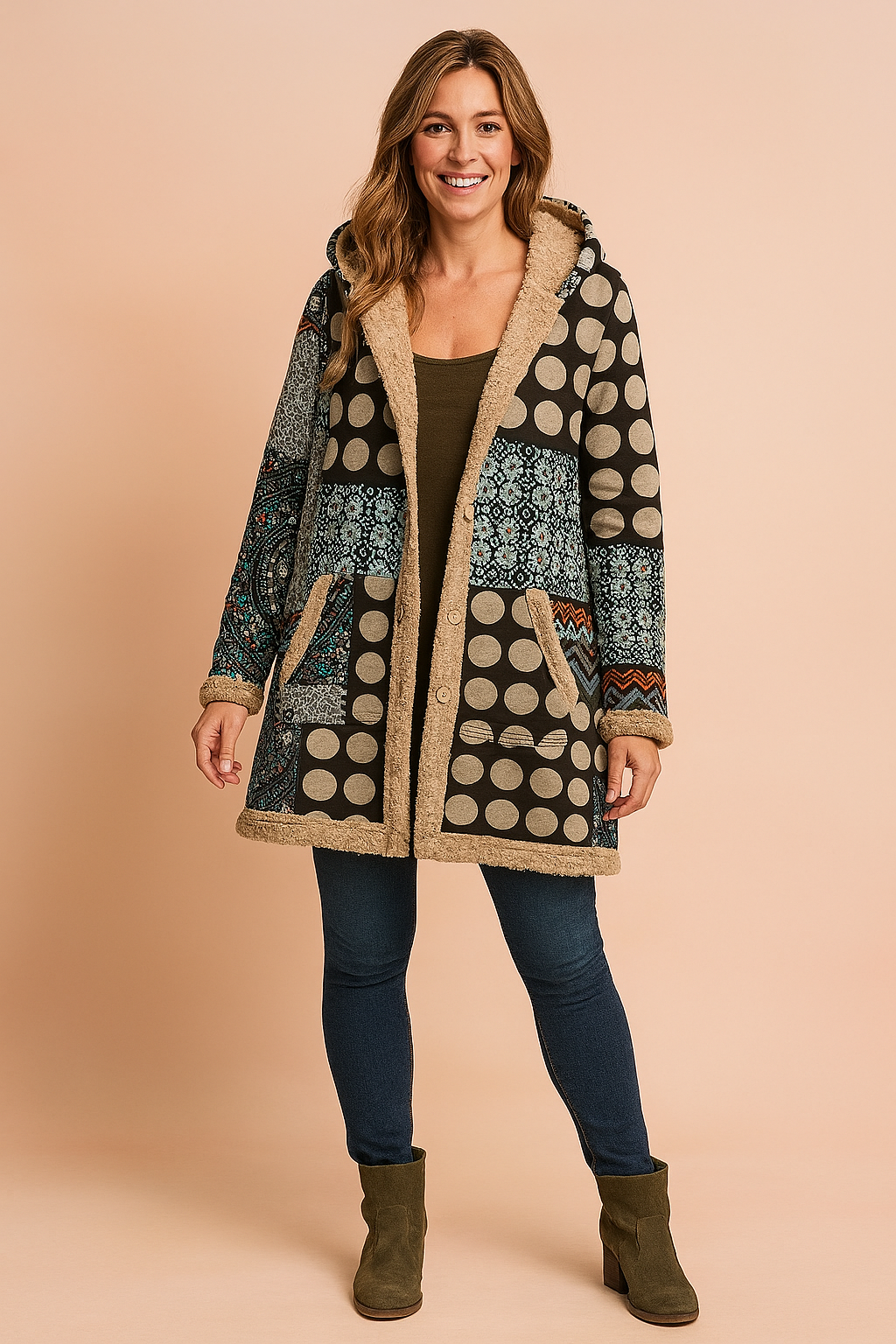 Milena | Women's Long Hooded Fleece Jacket with Patchwork Design 1