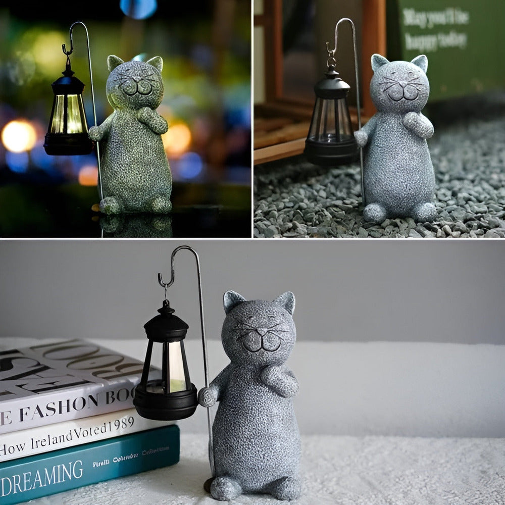 Cat Garden Statue With Solar Lantern Outdoor Decorative Light For Garden, Patio, And Balcony Ambience
