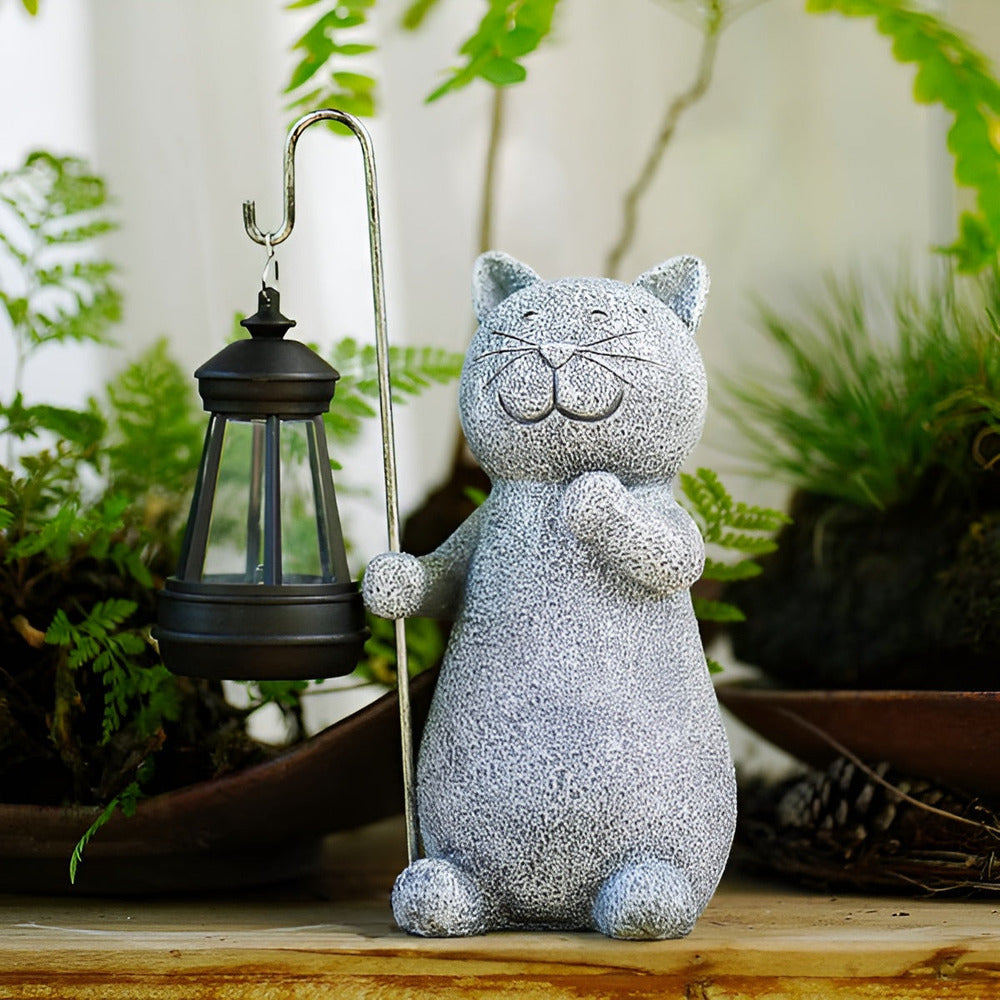 Cat Garden Statue With Solar Lantern Outdoor Decorative Light For Garden, Patio, And Balcony Ambience